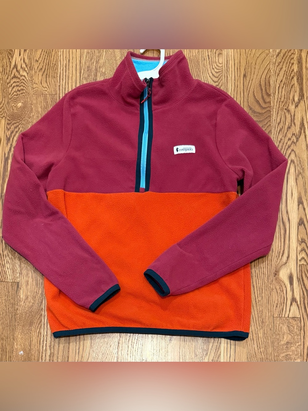 cotopaxi Colorblock Fleece Pullover in Burgundy and Orange with Teal Trim